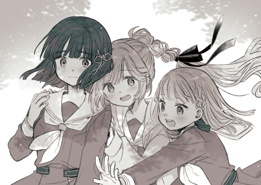 3girls, :d, ahoge, anyoji_hime, blunt_bangs, blunt_ends, blush, braid, center-flap_bangs, commentary_request, commission, dress, floating_hair, flower, flower_knot, greyscale, hair_flower, hair_ornament, hair_ribbon, hasu_no_sora_school_uniform, highres, hood, hooded_jacket, jacket, kachimachi_kosuzu, kiruzzy, korean_commentary, link!_like!_love_live!, long_hair, long_sleeves, looking_at_viewer, love_live!, momose_ginko, monochrome, multi-tied_hair, multiple_girls, neckerchief, open_clothes, open_jacket, open_mouth, ponytail, ribbon, sailor_collar, sailor_dress, school_uniform, short_hair, side_braids, sidelocks, smile, straight_hair, swept_bangs, teeth, tree, upper_body, upper_teeth_only, very_long_hair, virtual_youtuber, white_background, winter_uniform