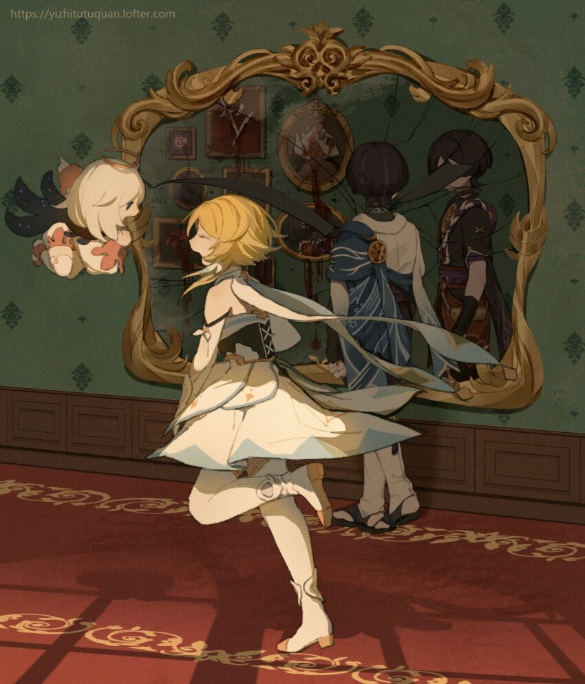 2boys, 2girls, blood, broken_mirror, carpet, different_reflection, dual_persona, from_above, full_body, genshin_impact, highres, huamouflora, indoors, looking_at_mirror, lumine_(genshin_impact), mirror, multiple_boys, multiple_girls, missing_headwear, paimon_(genshin_impact), painting_(object), pointing, reflection, running, scaramouche_(genshin_impact), sunlight, wallpaper_(object), wanderer_(genshin_impact), window_shadow