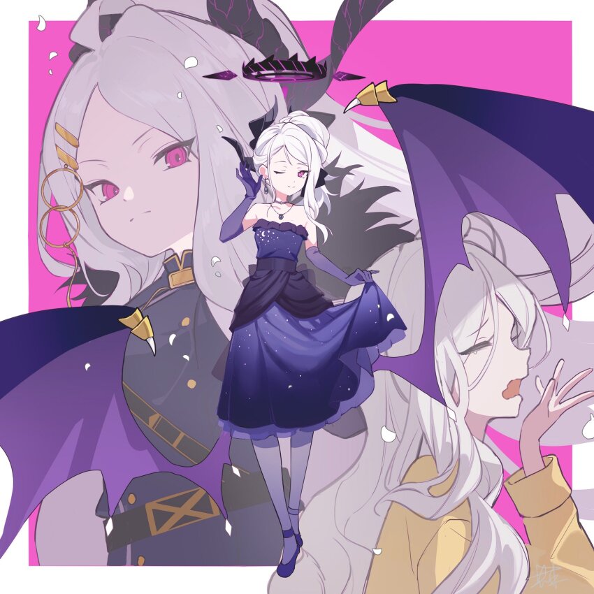 1girl, ahoge, blue_archive, cardigan, closed_eyes, demon_horns, demon_wings, dress