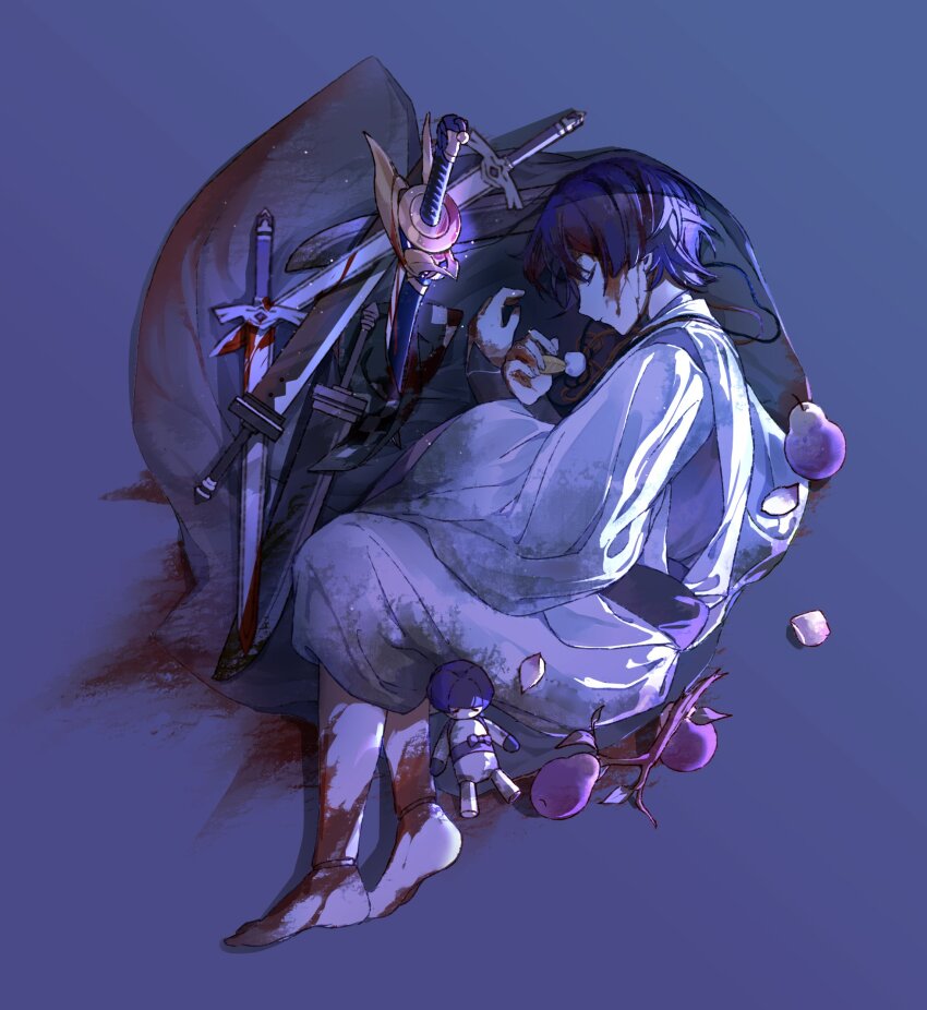 1boy, backlighting, barefoot, blood, blood_on_face, blood_on_feet, blood_on_leg, character_doll