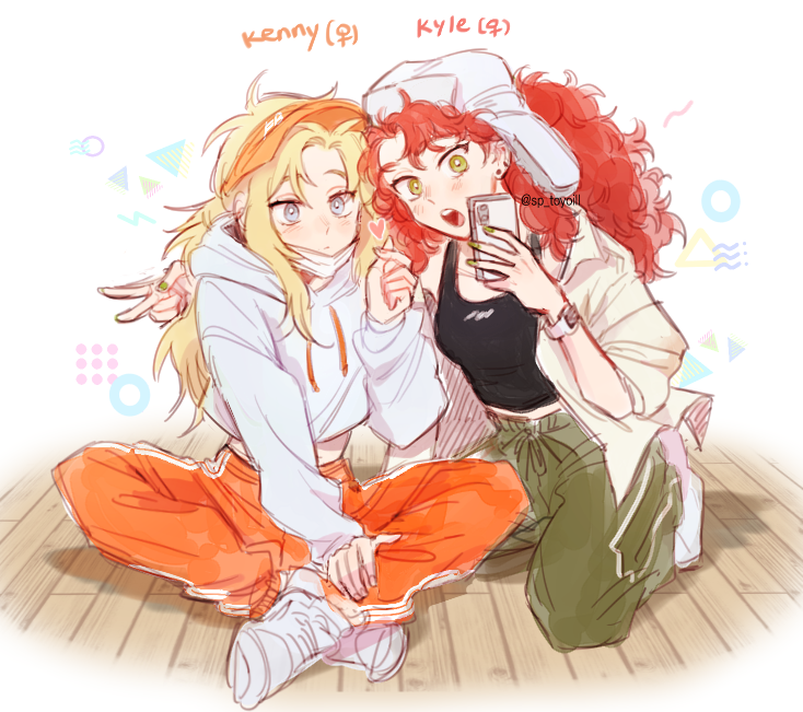 2girls, animification, arm_around_shoulder, blonde_hair, cellphone, character_name, collared_shirt, commentary_request, crop_top, cropped_hoodie, earrings, finger_heart, fur_hat, genderswap, genderswap_(mtf), green_eyes, hat, heart, holding, holding_phone, hood, hood_down, hoodie, indian_style, jewelry, kneeling, korean_commentary, long_hair, long_sleeves, mask, mask_pull, messy_hair, mouth_mask, multiple_girls, nail_polish, open_clothes, open_mouth, open_shirt, pants, phone, red_hair, selfie, shirt, sitting, sleeves_rolled_up, smartphone, south_park, sp_toyoill, tank_top, track_pants, ushanka, v, venus_symbol, visor_cap, watch, wristwatch