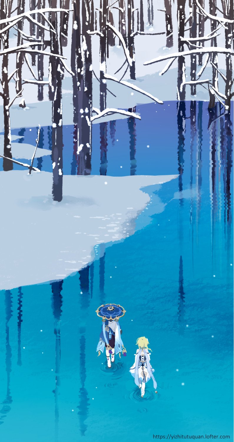 1boy, 1girl, bare_tree, behind_another, day, facing_away, forest, from_above