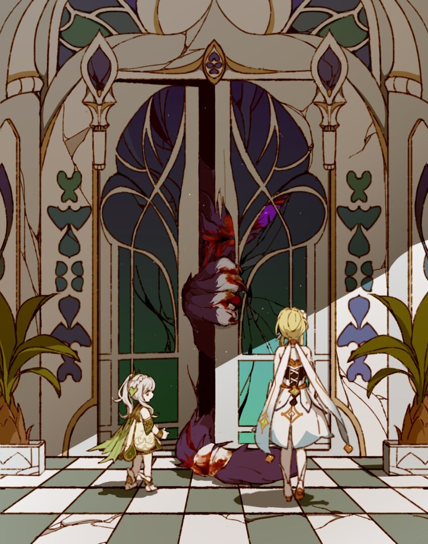 2girls, age_difference, animal, animalization, bandaged_tail, bandages, blood, blood_on_tail, bloodshot_eyes, broken_door, cat, child, chinese_commentary, claws, colored_sclera, commentary, constricted_pupils, covered_face, dappled_sunlight, door, facing_away, from_behind, genshin_impact, height_difference, highres, huamouflora, injury, light_particles, looking_at_another, lumine_(genshin_impact), monster, multiple_girls, nahida_(genshin_impact), oversized_animal, purple_sclera, scaramouche_(genshin_impact), sunlight, through_door, wanderer_(genshin_impact), wide_shot