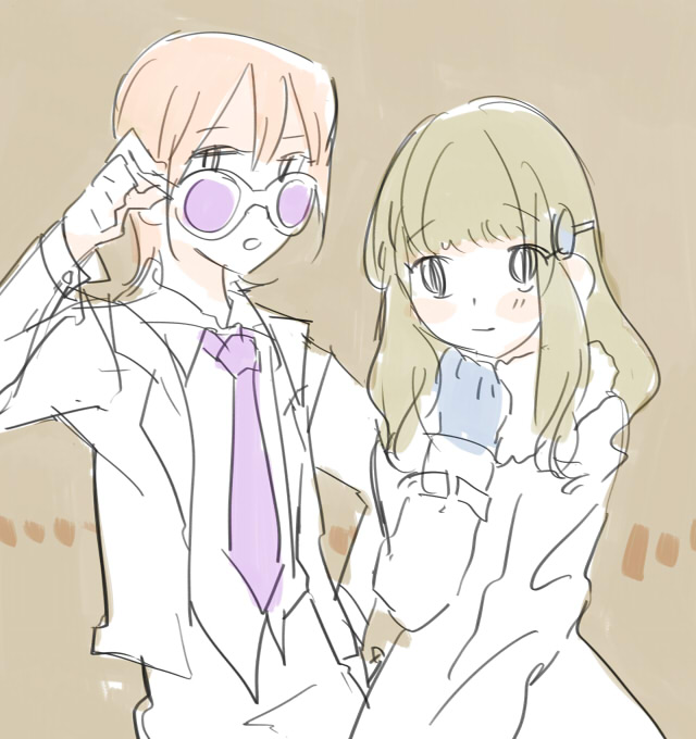 1boy, 1girl, bemani, black_eyes, blue_gloves, closed_mouth, gloves, grey_background