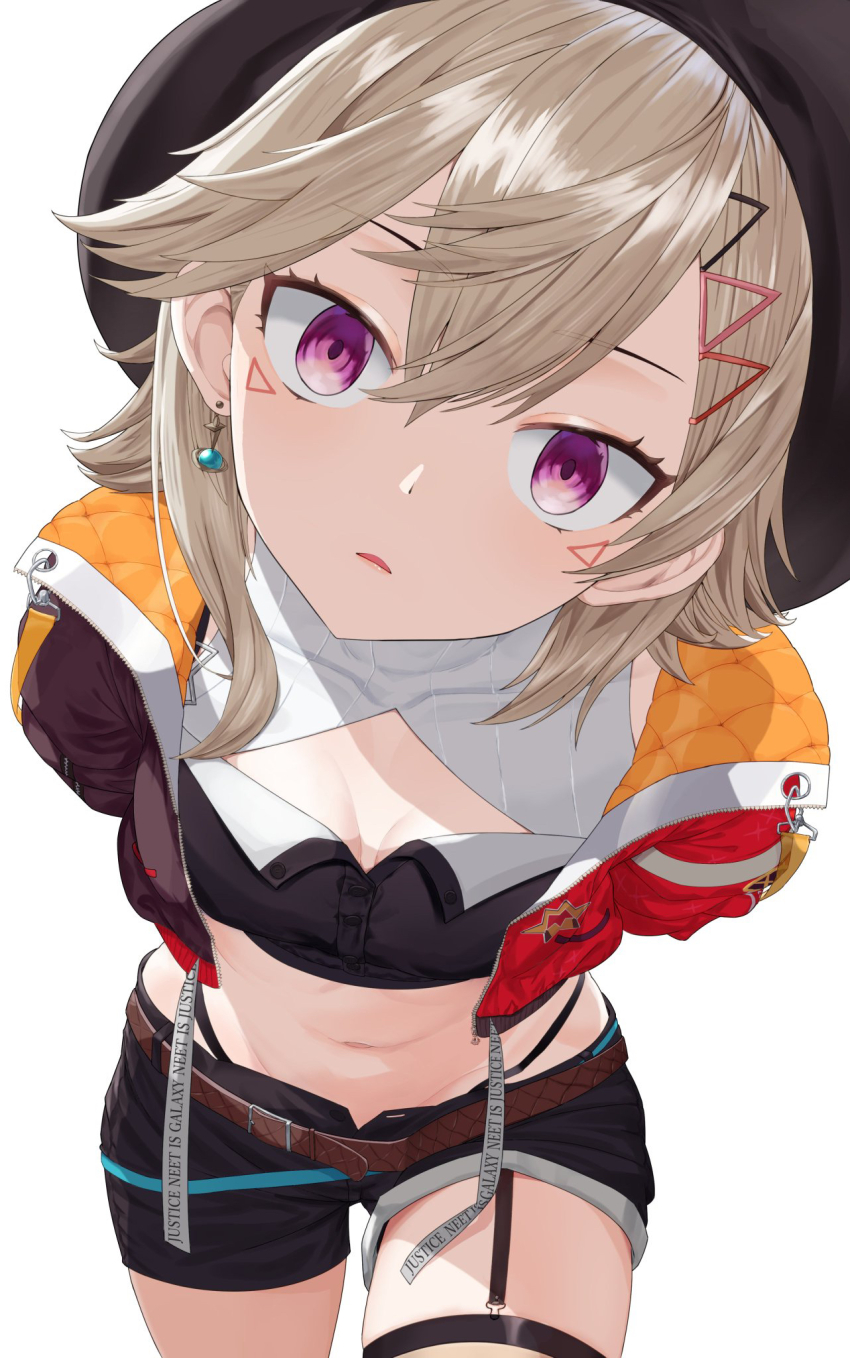 1girl, arms_behind_back, belt, beret, black_hat, black_shirt, black_shorts, breasts