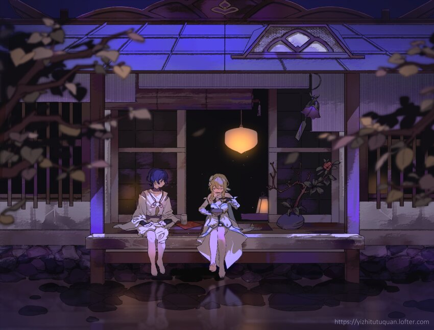 1boy, 1girl, absurdres, architecture, barefoot, blurry, bowl, branch