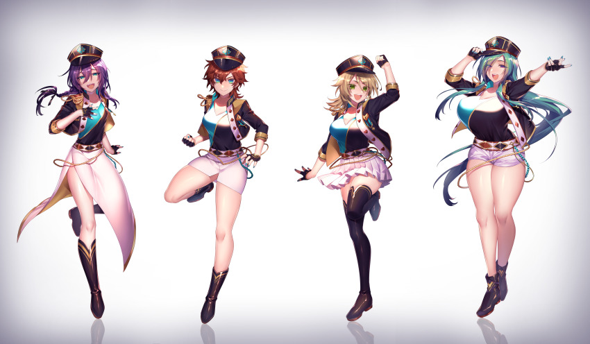 4girls, absurdres, adapted_costume, alkaloid_(ensemble_stars!), alternate_hair_length, alternate_hairstyle, amagi_hiiro, aqua_nails, ayase_mayoi, breasts, bust_chart, ensemble_stars!, full_body, genderswap, genderswap_(mtf), highres, huge_breasts, idol_clothes, kazehaya_tatsumi, legs, multiple_girls, naganegi, nail_polish, reflective_floor, shiratori_aira_(ensemble_stars!), shorts, side-by-side, skirt, vignetting, white_background, white_shorts, white_skirt