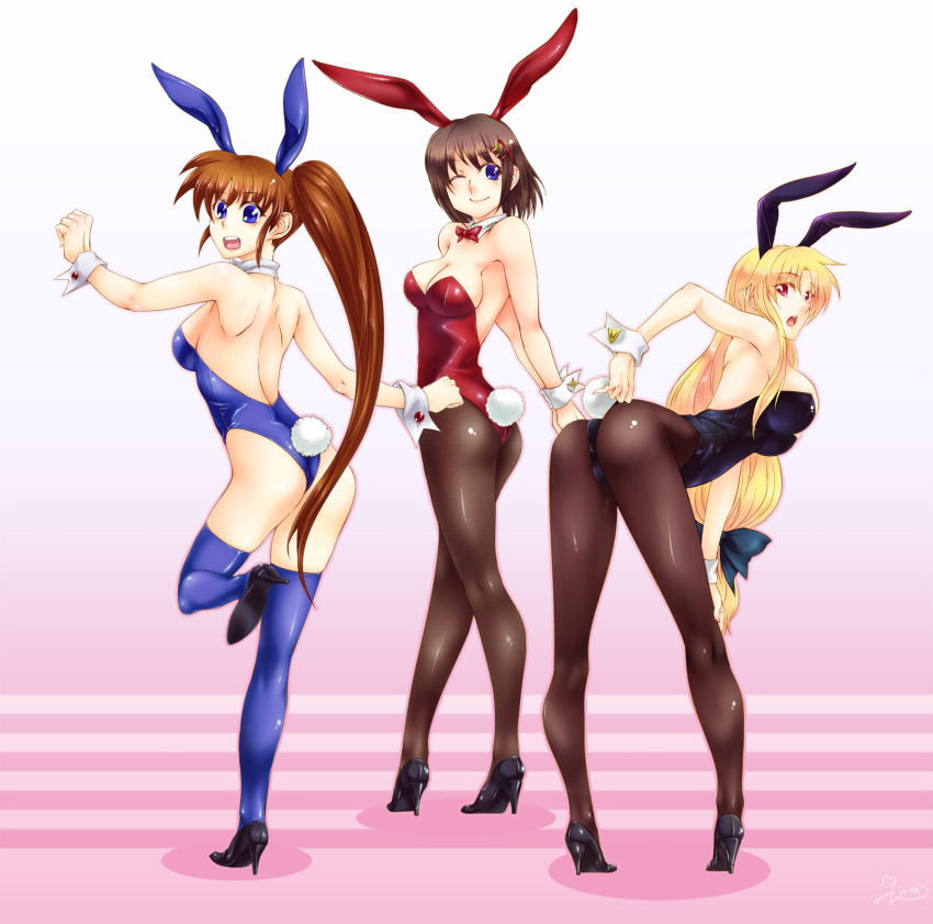 00s, 3girls, animal_ears, ass, back-seamed_legwear, black_pantyhose, blonde_hair, blue_eyes