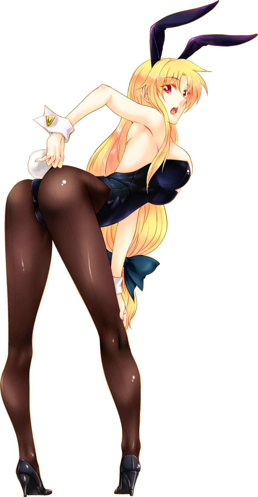 00s, 1girl, animal_ears, ass, back-seamed_legwear, black_pantyhose, blonde_hair, fake_animal_ears, fate_testarossa, female_focus, fishnet_pantyhose, fishnets, from_behind, high_heels, highres, jin_nai, kneepits, legs, long_hair, looking_back, low-tied_long_hair, lyrical_nanoha, mahou_shoujo_lyrical_nanoha, mahou_shoujo_lyrical_nanoha_strikers, pantyhose, playboy_bunny, rabbit_ears, rabbit_tail, red_eyes, seamed_legwear, shoes, solo