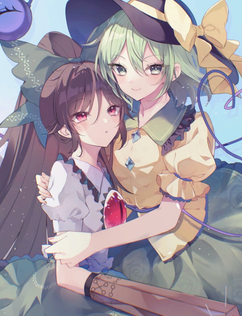 2girls, arm_cannon, black_hat, blue_background, bow, brown_hair, closed_mouth, commentary_request