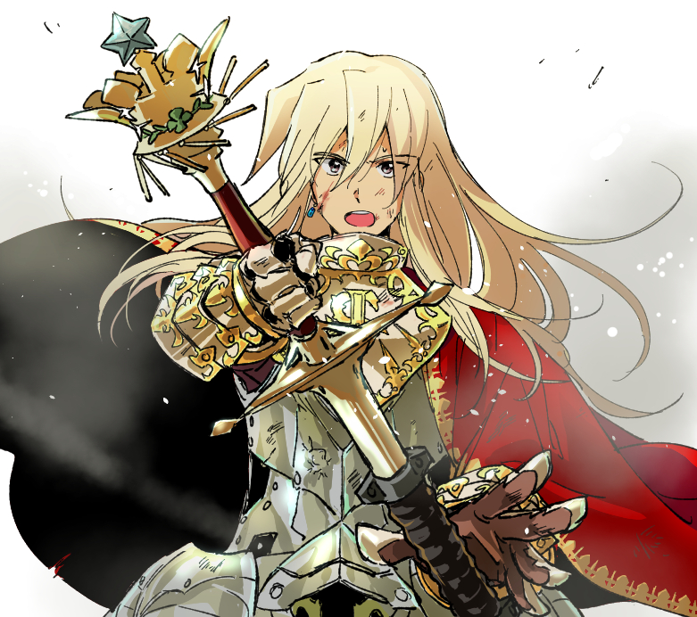 1boy, :o, armor, battle_damage, bruise, cape, d:, drawing_sword