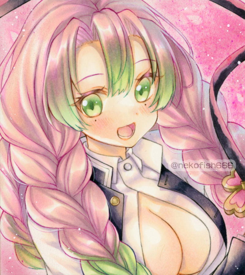 1girl, breasts, cleavage, green_eyes, green_hair, kanroji_mitsuri, kimetsu_no_yaiba, large_breasts, long_hair, multicolored_hair, nekofish666, open_mouth, pink_hair, smile, solo, two-tone_hair
