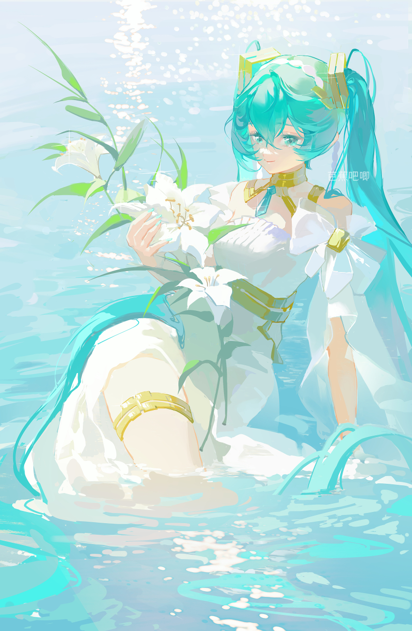 1girl, absurdres, aqua_eyes, aqua_hair, artist_name, basho, closed_mouth, commentary, cowboy_shot, day, dress, hair_between_eyes, hair_ornament, hatsune_miku, highres, long_hair, looking_at_viewer, muse_of_creation_miku, ocean, outdoors, smile, solo, standing, thigh_strap, twintails, very_long_hair, vocaloid, wading, water, watermark, white_dress