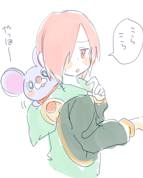 1girl, bemani, blush_stickers, brown_hair, character_request, cropped_torso, green_hoodie, hood