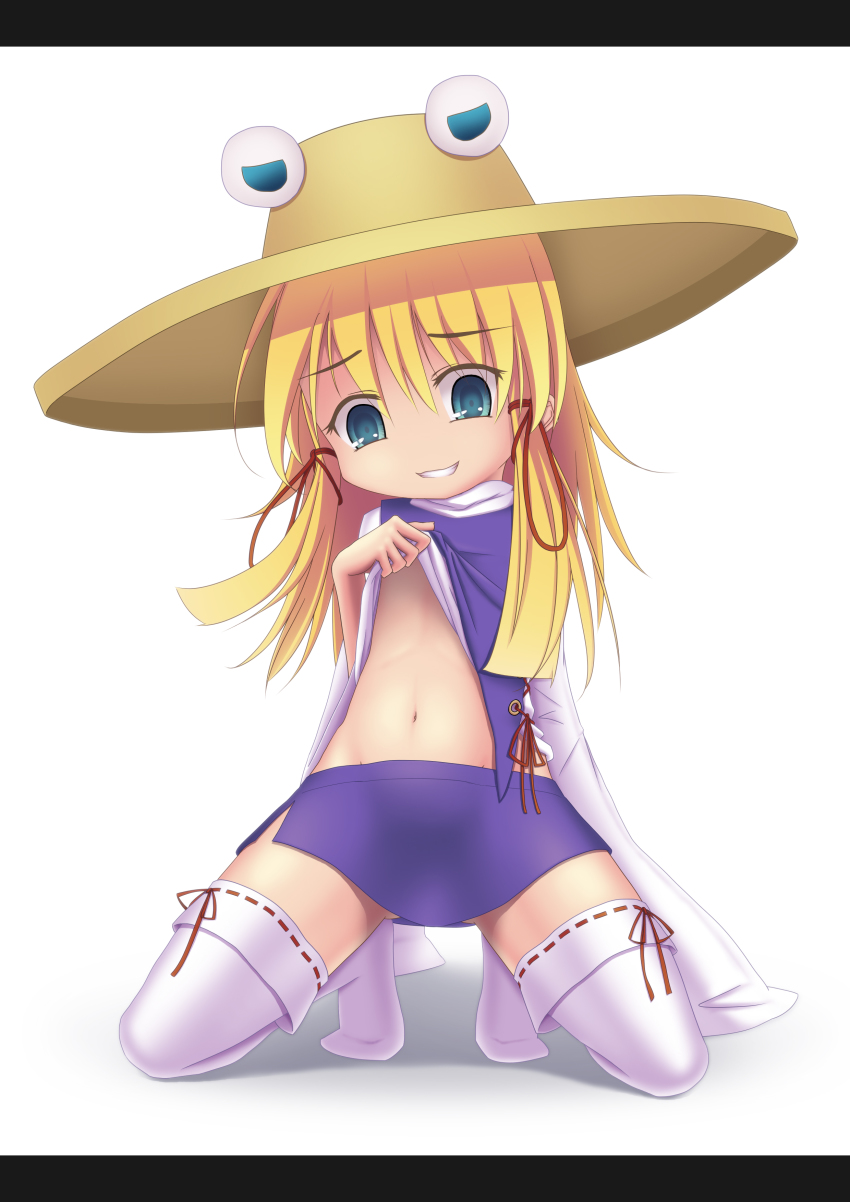 1girl, absurdres, arm_support, bad_id, bad_pixiv_id, blonde_hair, blue_eyes, clothes_lift