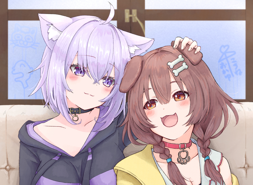 2girls, :3, :d, ahoge, animal_ear_fluff, animal_ears, black_collar, black_hoodie, blush, bone_hair_ornament, braid, breasts, brown_eyes, brown_hair, cat_ears, cat_girl, cleavage, collar, collarbone, commentary_request, dog_ears, dog_girl, fangs, hair_ornament, hand_on_another's_ear, hand_on_another's_head, highres, hololive, hood, hoodie, inugami_korone, inugami_korone_(1st_costume), long_hair, looking_at_another, medium_hair, mia960, multiple_girls, nekomata_okayu, nekomata_okayu_(1st_costume), open_mouth, purple_eyes, purple_hair, purple_hoodie, red_collar, smile, twin_braids, upper_body, virtual_youtuber