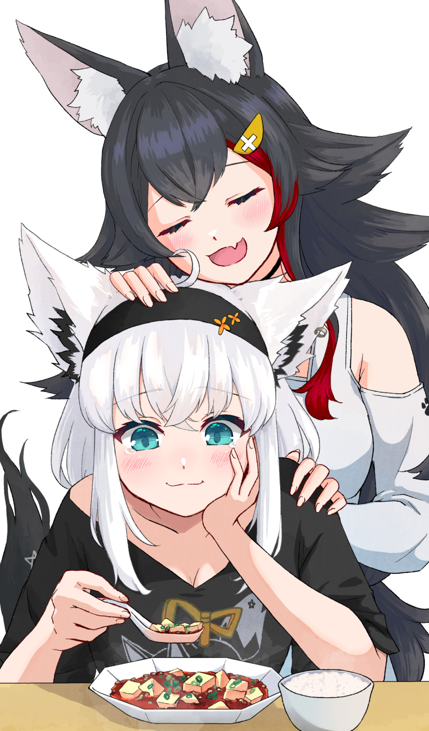 2girls, :d, ahoge, animal_ear_fluff, animal_ears, aqua_eyes, black_hair, black_hairband