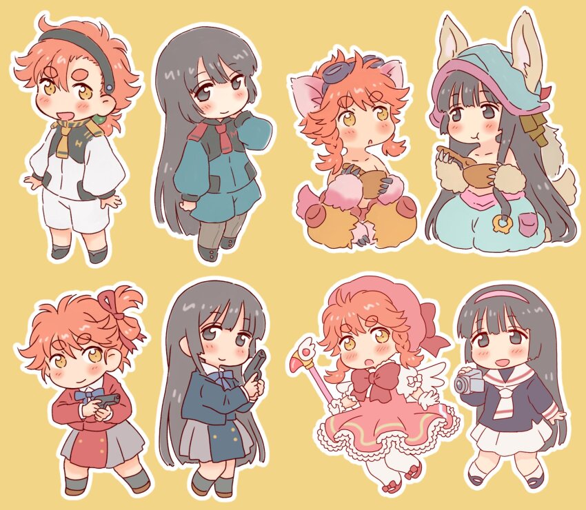 2girls, animal_ears, arunsu92, asticassia_school_uniform, beret, black_eyes, black_footwear, black_hair