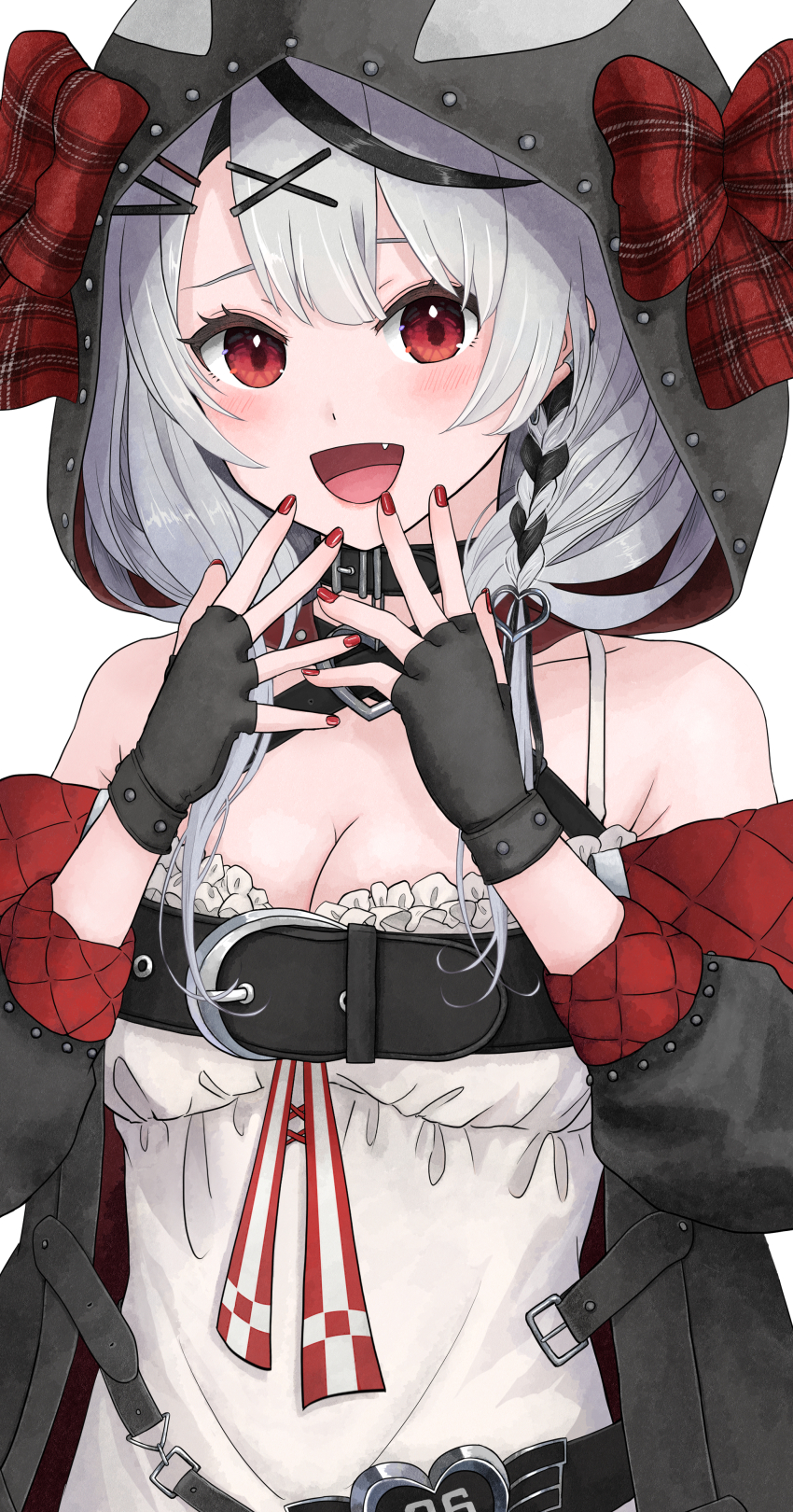 1girl, :d, absurdres, belt, belt_collar, black_belt, black_hair, black_hood