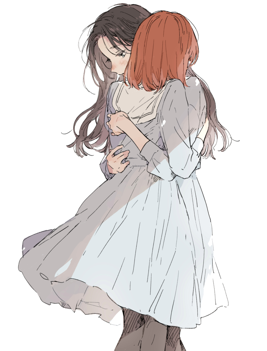 2girls, black_hair, dress, feet_out_of_frame, highres, hug, kakmxxxny06, kono_koi_wo_hoshi_ni_wa_negawanai, long_hair, multiple_girls, pinafore_dress, red_hair, shadow, short_hair, simple_background, sleeveless, sleeveless_dress, sunlight, white_background