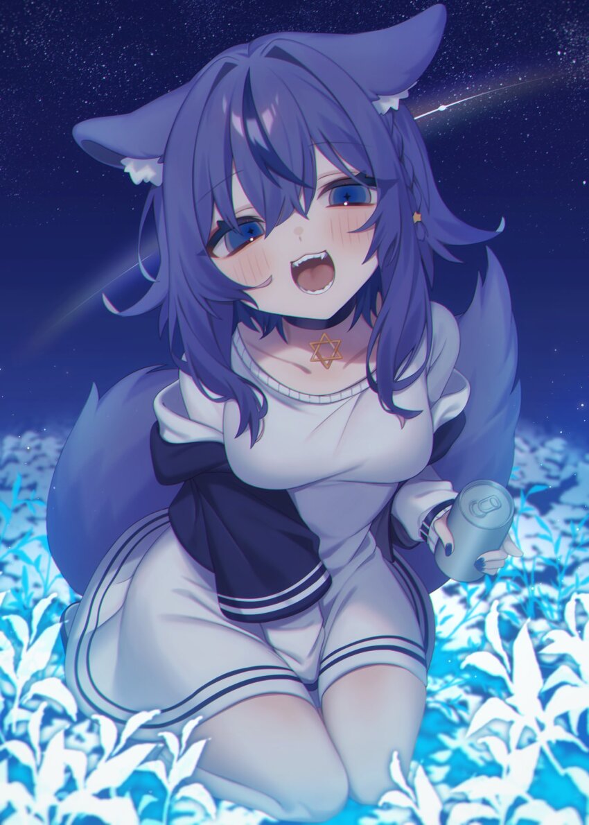 1girl, :d, animal_ears, asano_yoru, asano_yoru_(artist), between_legs, black_choker, blue_eyes