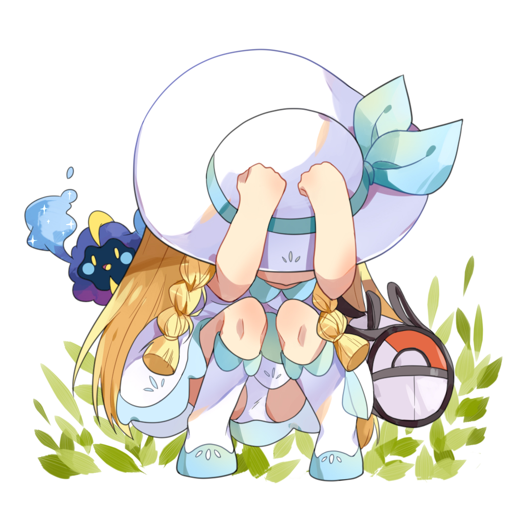1girl, blonde_hair, braid, commission, cosmog, covering_head, dress, full_body, gen_7_pokemon, hat, legendary_pokemon, lillie_(pokemon), long_hair, nintendo, panties, pantyshot, poke_ball_print, pokemon, pokemon_(creature), pokemon_sun_and_moon, squatting, underwear, white_background, white_dress, white_footwear, white_hat, white_panties, zrae