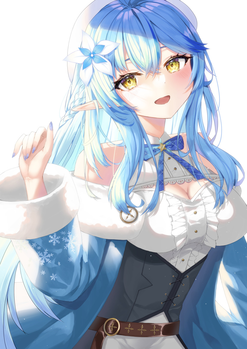 1girl, absurdres, belt, beret, black_corset, blue_bow, blue_bowtie, blue_coat