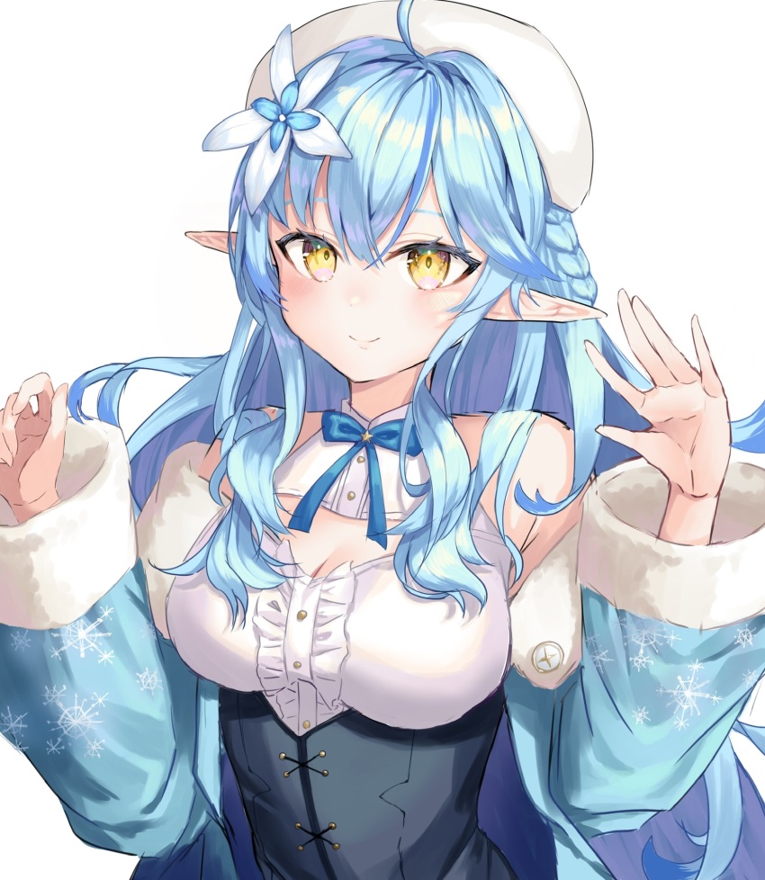 1girl, ahoge, black_corset, blue_coat, blue_flower, blue_hair, braid, breasts