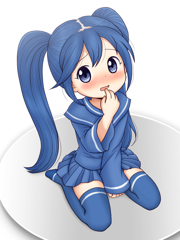 1girl, bad_id, bad_pixiv_id, blue_eyes, blue_hair, blush, female_focus, imaichi_moenai_ko, kobe_shimbun, kobe_shinbun, lasto, long_hair, long_sleeves, matching_hair/eyes, school_uniform, skirt, sleeves_past_wrists, solo, thighhighs, twintails, zettai_ryouiki