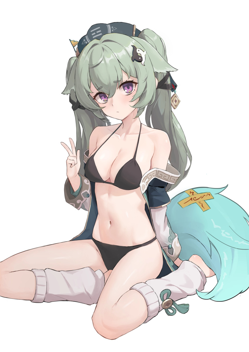 1girl, absurdres, animal_ears, bare_shoulders, barefoot, bikini, black_bikini, breasts, cleavage, closed_mouth, coin_hair_ornament, commentary_request, corin_wickes, cosplay, fox_ears, fox_girl, fox_tail, full_body, green_hair, green_hat, green_tail, hair_ornament, hand_up, hasu_no_shiro, hat, highres, honkai:_star_rail, honkai_(series), huohuo_(honkai:_star_rail), huohuo_(honkai:_star_rail)_(cosplay), jacket, leg_warmers, loli, long_hair, long_sleeves, looking_at_viewer, navel, off_shoulder, open_clothes, open_jacket, purple_eyes, simple_background, sitting, solo, swimsuit, tail, tassel, twintails, v, white_background, white_leg_warmers, yokozuwari, zenless_zone_zero