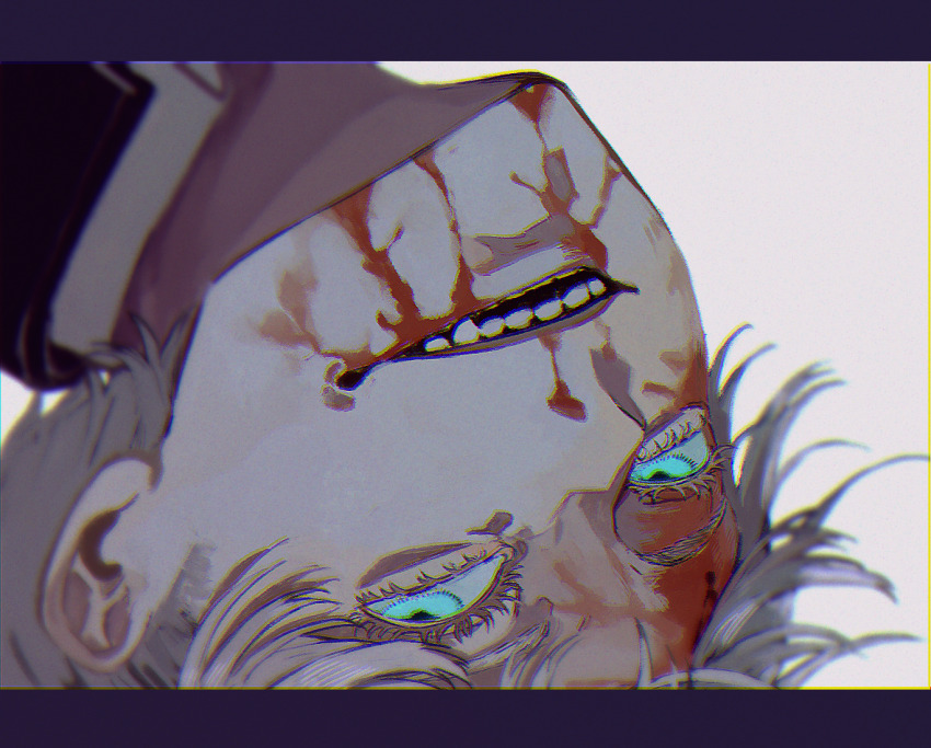 1boy, blood, blood_from_mouth, blood_on_face, gojo_satoru, jujutsu_kaisen, jujutsu_tech_uniform, n_ne, nosebleed, solo, upside-down, white_hair