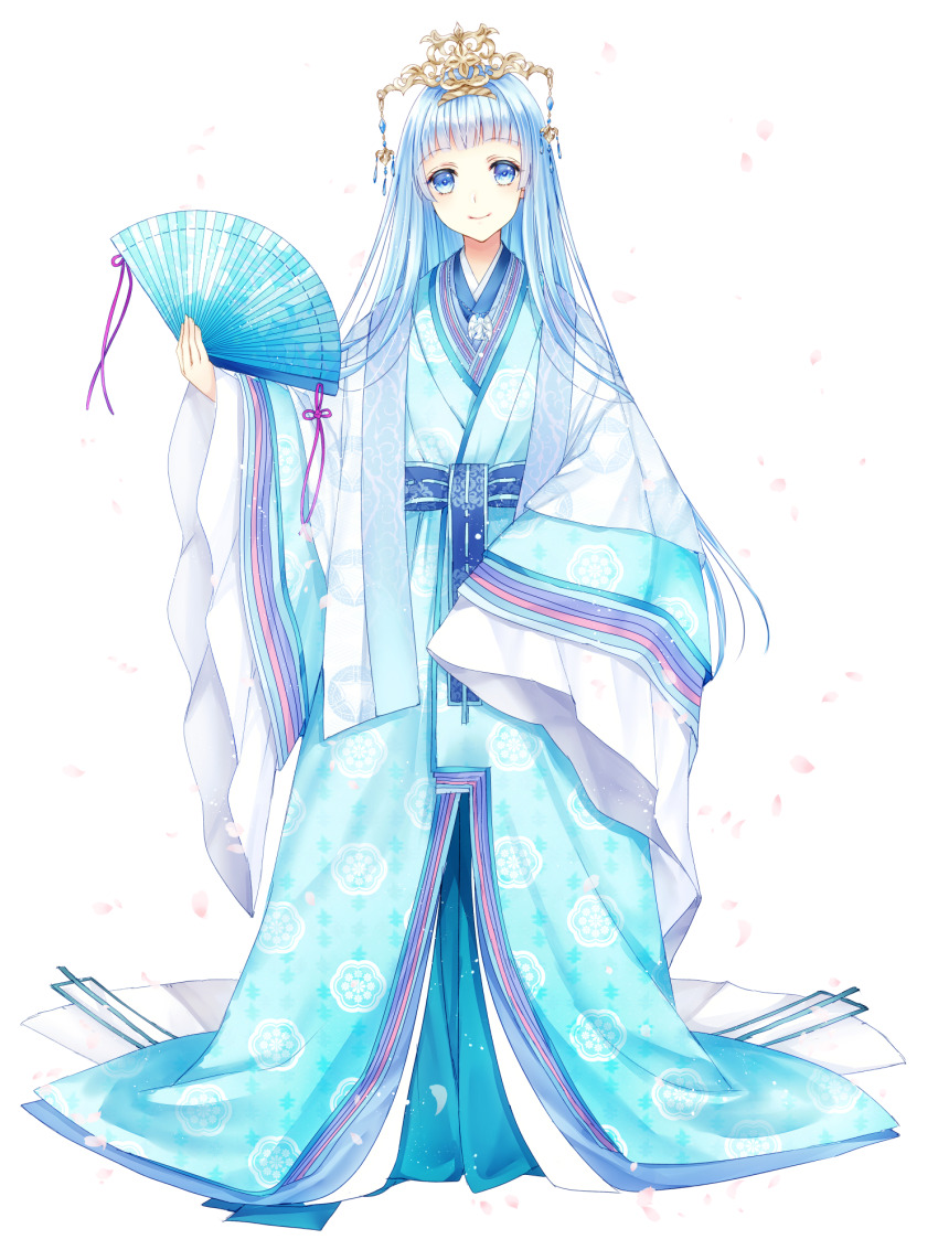 1girl, blue_eyes, blue_hair, blue_kimono, chain_paradox, fina_yggdrasil, folding_fan, full_body