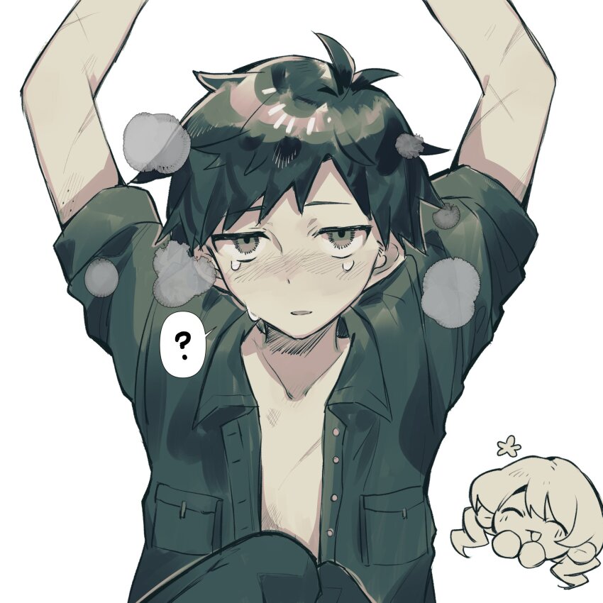 1boy, ?, akasasachii, arms_up, black_hair, blush, breast_pocket, chibi