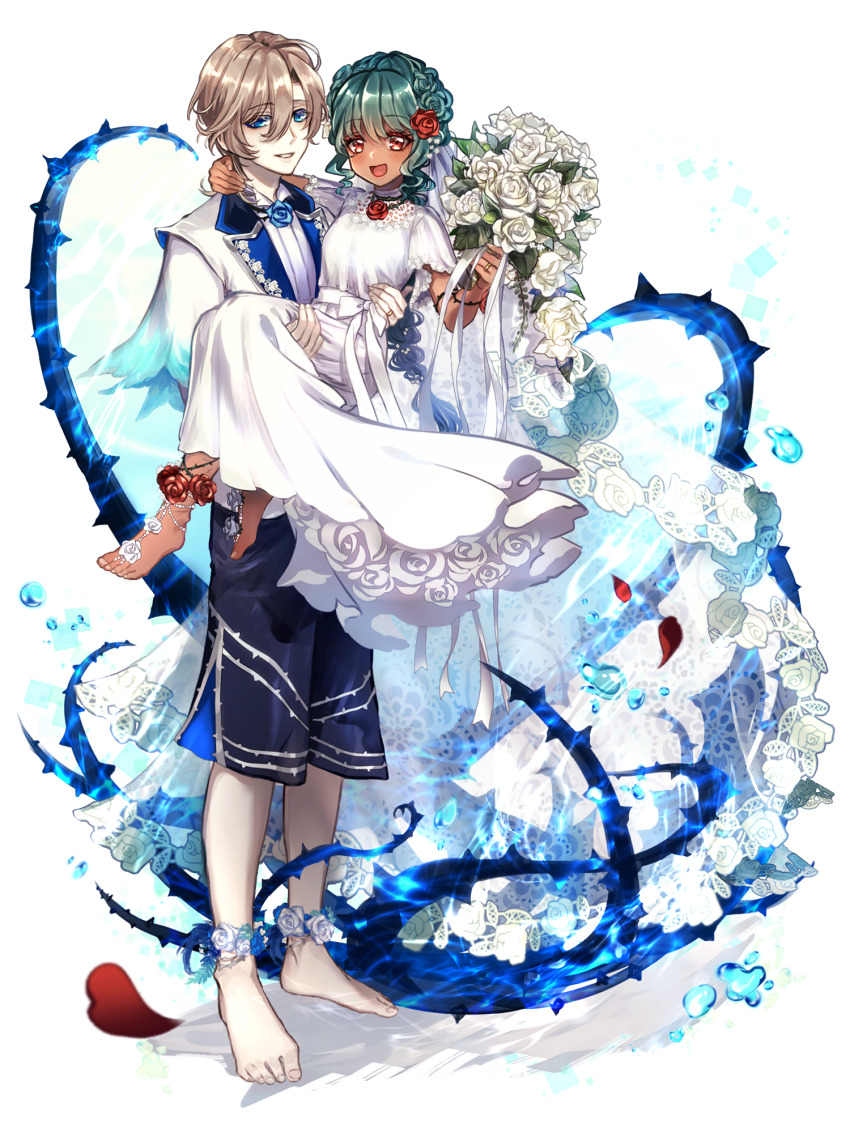 1boy, 1girl, :d, ankleband, barefoot, blue_eyes, blue_flower, bouquet, brown_eyes, carrying, chain_paradox, dark-skinned_female, dark_skin, doily, dress, flower, gardenia_radice, hair_between_eyes, hair_flower, hair_ornament, hetero, highres, holding, holding_bouquet, jewelry, light_brown_hair, looking_at_viewer, open_mouth, princess_carry, red_flower, ring, shirt, shorts, smile, thorns, transparent_background, white_dress, white_flower, white_shirt, yukino_cm