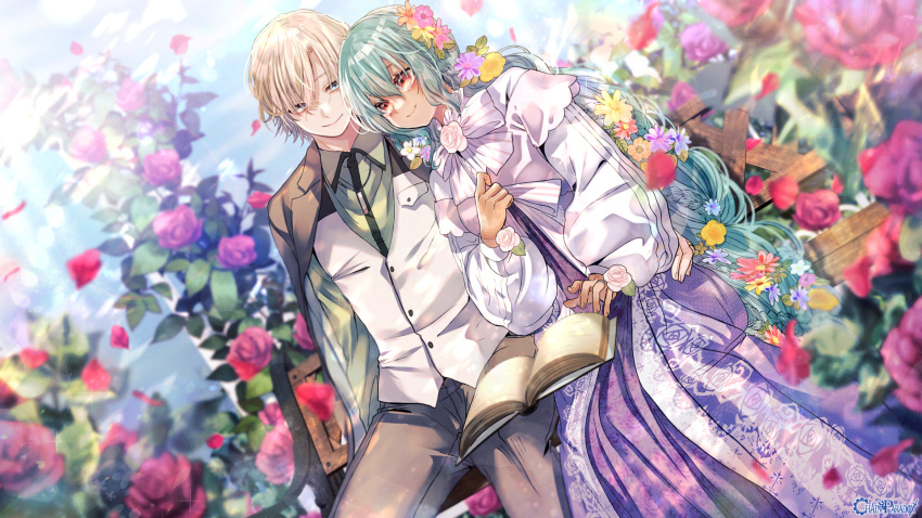 1boy, 1girl, bench, blonde_hair, blurry, blurry_foreground, book, brown_eyes, chain_paradox, copyright_name, dress, dutch_angle, flower, gardenia_radice, green_hair, green_shirt, grey_pants, hair_flower, hair_ornament, hetero, highres, long_hair, long_sleeves, mayoko_na_kuroneko, open_book, outdoors, pants, purple_dress, shirt, sitting, smile, very_long_hair, vest, white_vest
