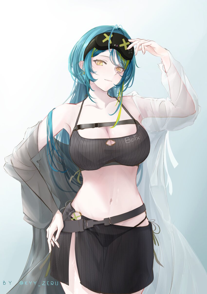 1girl, absurdres, aotsuki_remia, aqua_hair, belt, bikini, bikini_under_clothes, black_bikini