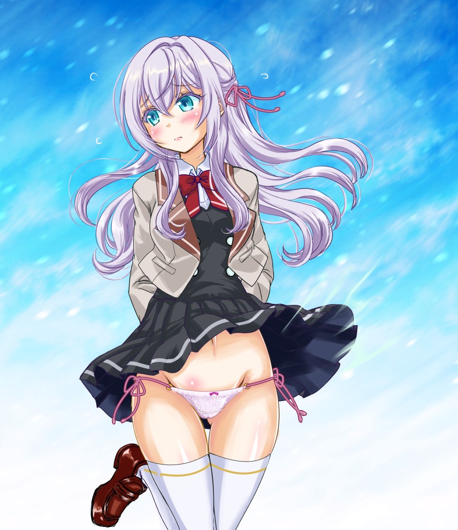 1girl, ahoge, alisa_mikhailovna_kujou, arms_behind_back, black_skirt, black_vest, blazer, blue_eyes, blush, bow, bow_panties, bowtie, brown_shoes, closed_mouth, clothes_lift, gluteal_fold, grey_jacket, hair_ribbon, jacket, loafers, long_hair, long_sleeves, looking_to_the_side, miniskirt, navel, panties, pantyshot, pleated_shirt, red_bow, red_bowtie, red_ribbon, ribbon, school_uniform, shoes, side-tie_panties, skirt, skirt_lift, snowing, solo, standing, standing_on_one_leg, tachibana_hiroki, thighhighs, tokidoki_bosotto_roshia-go_de_dereru_tonari_no_alya-san, underwear, upskirt, vest, white_panties, white_thighhighs