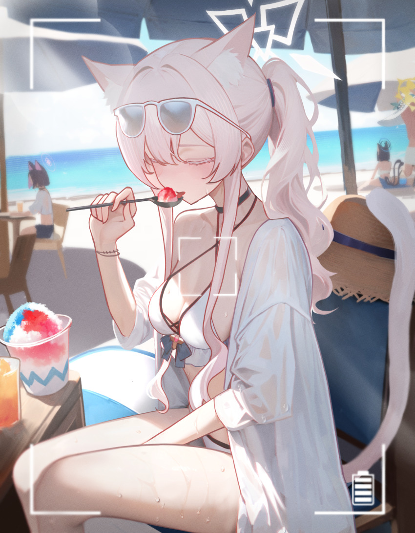 4girls, akira_(blue_archive), animal_ears, ball, bare_legs, beach, beach_umbrella, beachball