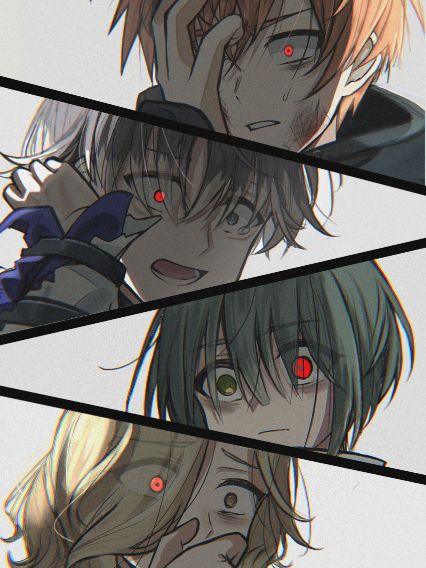 2boys, 2girls, blonde_hair, bob_cut, brown_eyes, brown_hair, bruise, bruise_on_face