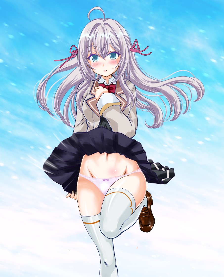 1girl, ahoge, alisa_mikhailovna_kujou, black_skirt, blazer, blue_eyes, blush, bow