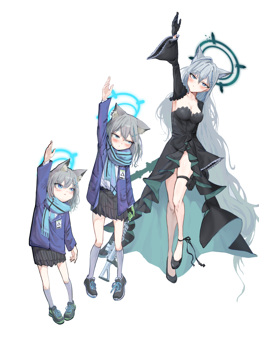 3girls, absurdres, age_progression, ahoge, animal_ear_fluff, animal_ears, assault_rifle, black_choker