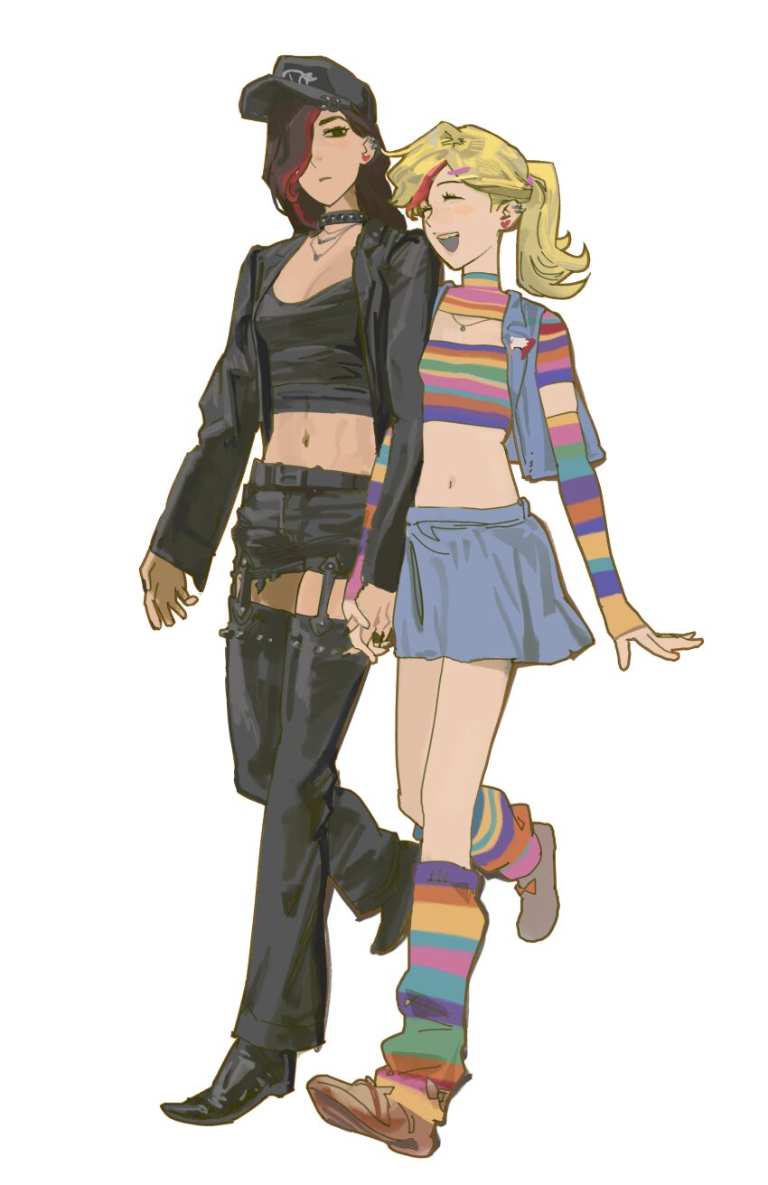 2girls, absurdres, baseball_cap, belt, black_choker, black_tank_top, blonde_hair, boots, brown_eyes, brown_hair, choker, closed_eyes, crop_top, denim, denim_skirt, denim_vest, detached_pants, detached_sleeves, earrings, hair_dye, hair_ornament, hairpin, hat, heart, heart_earrings, highres, holding_hands, inside_out, inside_out_2, jacket, jewelry, leather, leather_jacket, long_hair, midriff, multiple_girls, nail_polish, necklace, open_clothes, open_mouth, pants, ponytail, qianyu_rainz, rainbow_shirt, rainbow_socks, riley_andersen, shirt, shoes, skirt, smile, tank_top, valentina_ortiz, yuri