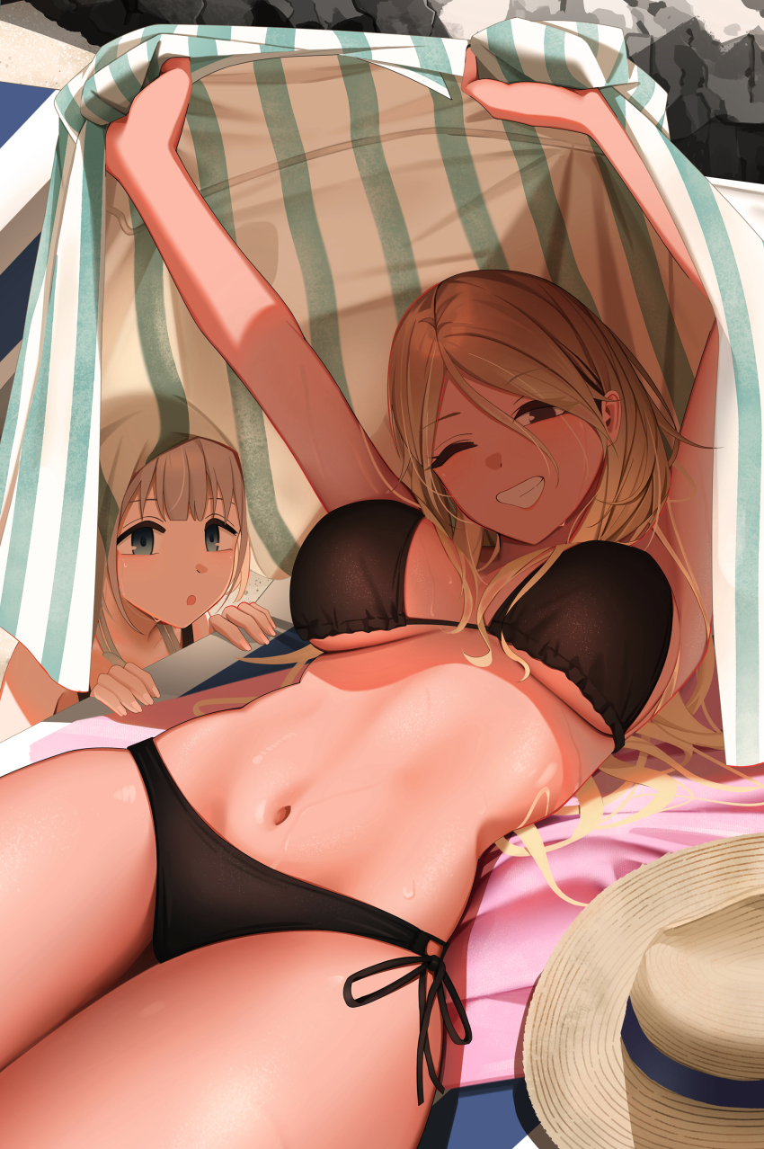 :o, absurdres, bikini, black_bikini, blonde_hair, blue_eyes, breasts, brown_hair