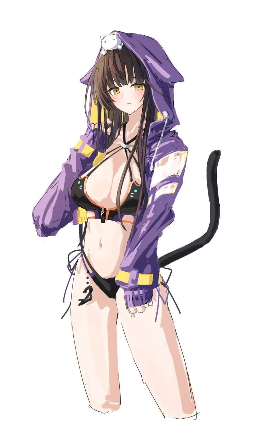 aoinegima, asakura_karen_(heaven_burns_red), bikini, black_bikini, black_hair, breasts, cat_ear_bikini, cat_tail