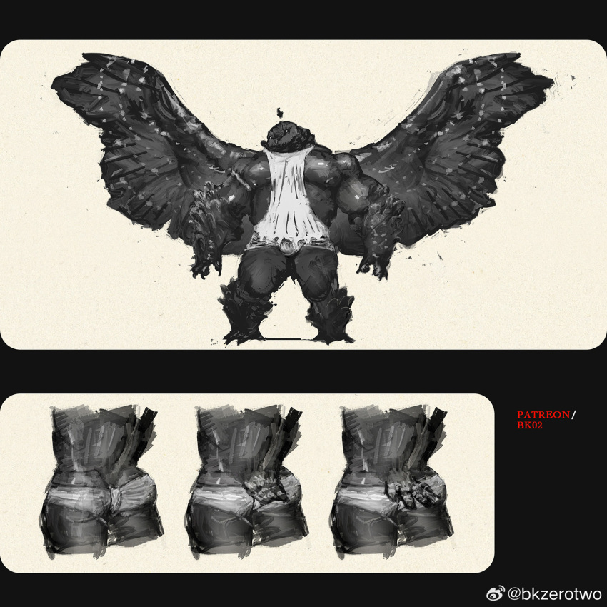 1boy, ass, bara, bare_pectorals, bk_zerotwo, bulge, full_body, furry, furry_male, greyscale, highres, large_pectorals, male_focus, monochrome, muscular, muscular_arms, muscular_male, nipples, original, owlbear, paid_reward_available, pectorals, spread_wings, standing, traditional_media, variations, white_background