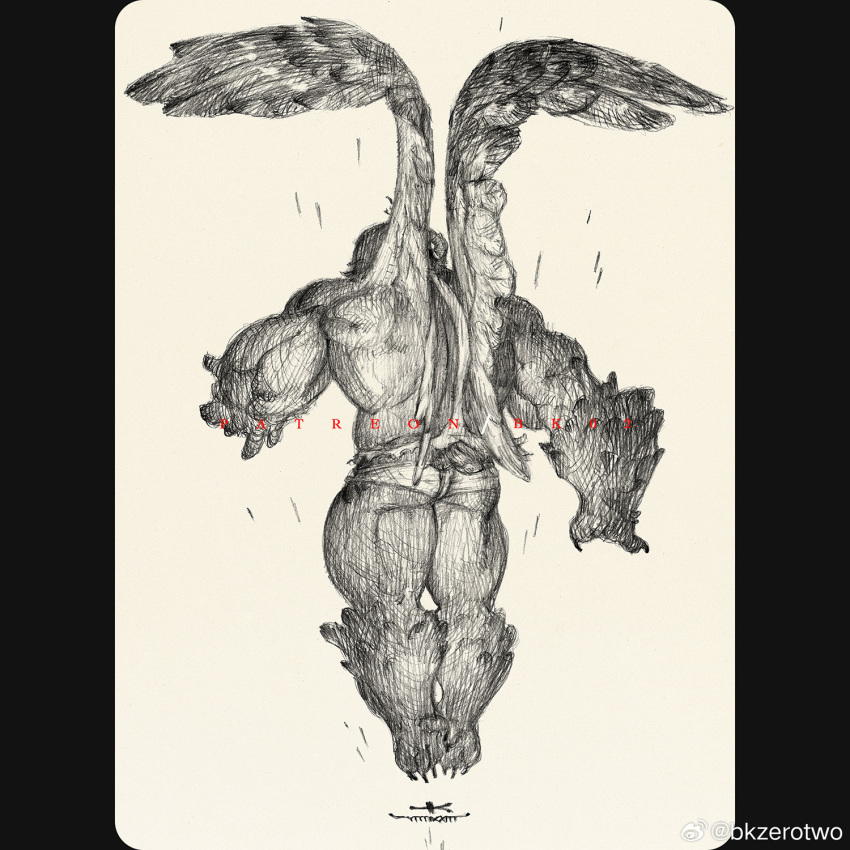 1boy, ass, back_muscles, bara, beast_arm, bk_zerotwo, facing_away, feathered_wings