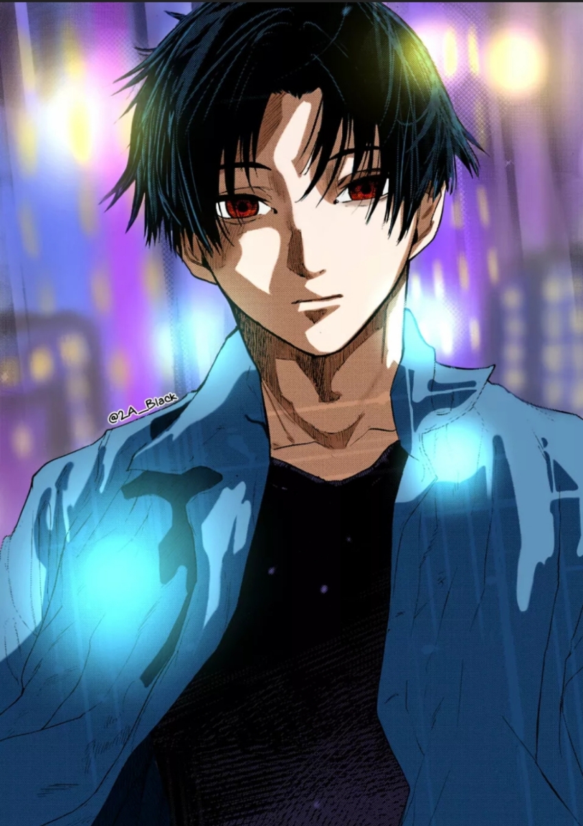 1boy, black_shirt, blue_jacket, city, closed_mouth, highres, jacket, juujika_no_rokunin
