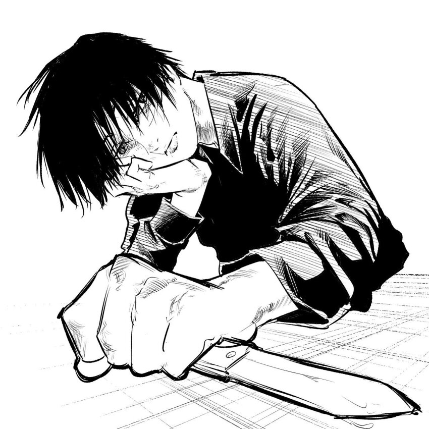 1boy, closed_mouth, greyscale, hand_up, highres, juujika_no_rokunin, knife, long_hair