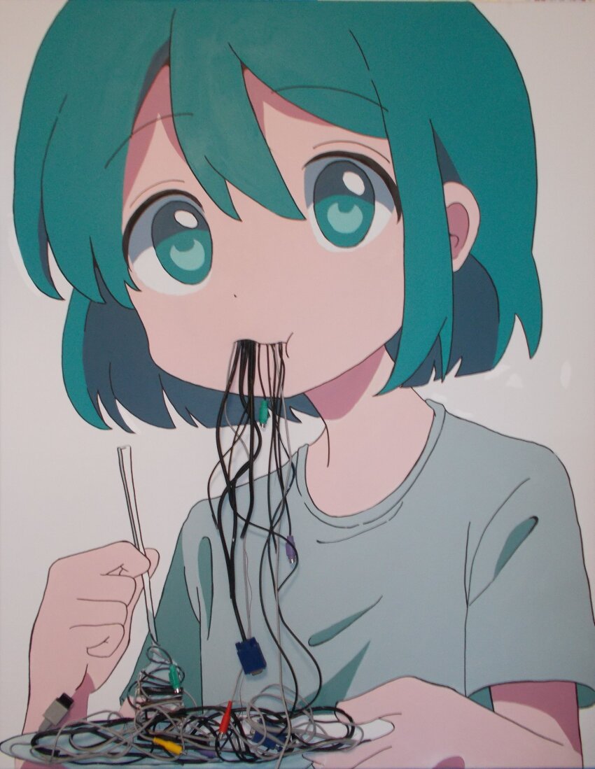 1girl, :t, acrylic_gouache_(medium), acrylic_paint_(medium), aqua_eyes, aqua_hair, cable, cable_in_mouth