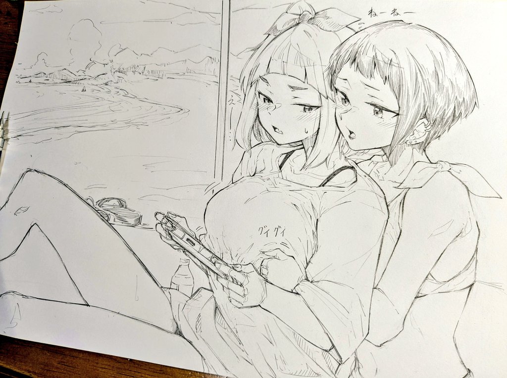 2girls, arched_bangs, beach, bikini, blush, breasts, commentary_request, ear_piercing, earrings, gasuri_govan, graphite_(medium), handheld_game_console, holding, holding_handheld_game_console, jewelry, koharu_(yoru_no_kurage_wa_oyogenai), large_breasts, multiple_girls, one_side_up, open_mouth, outdoors, parasol, piercing, shirt, short_hair, sidelocks, swimsuit, traditional_media, umbrella, watase_kiui, yoru_no_kurage_wa_oyogenai, yuri